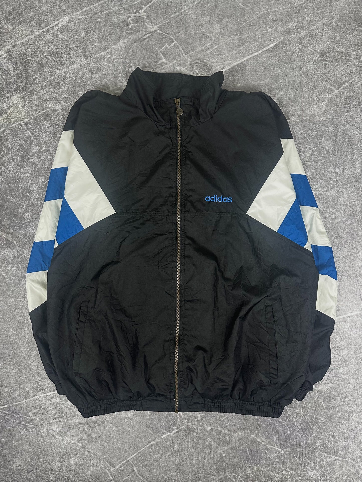 Vintage 90s Adidas Originals 3 Stripe Embroidered Spellout Nylon Windbreaker (L)