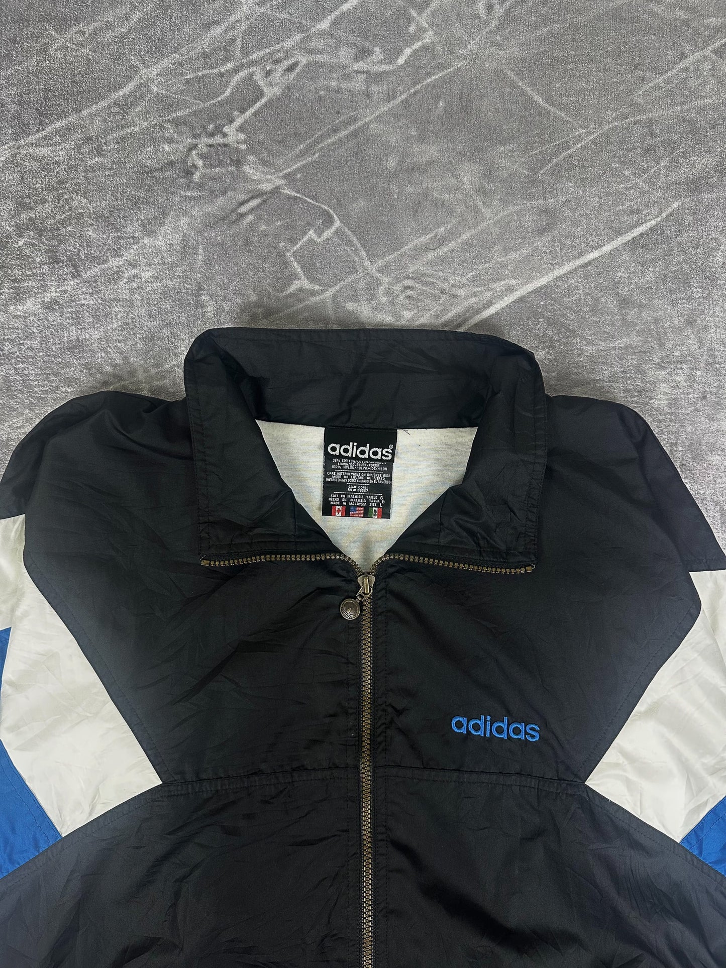 Vintage 90s Adidas Originals 3 Stripe Embroidered Spellout Nylon Windbreaker (L)