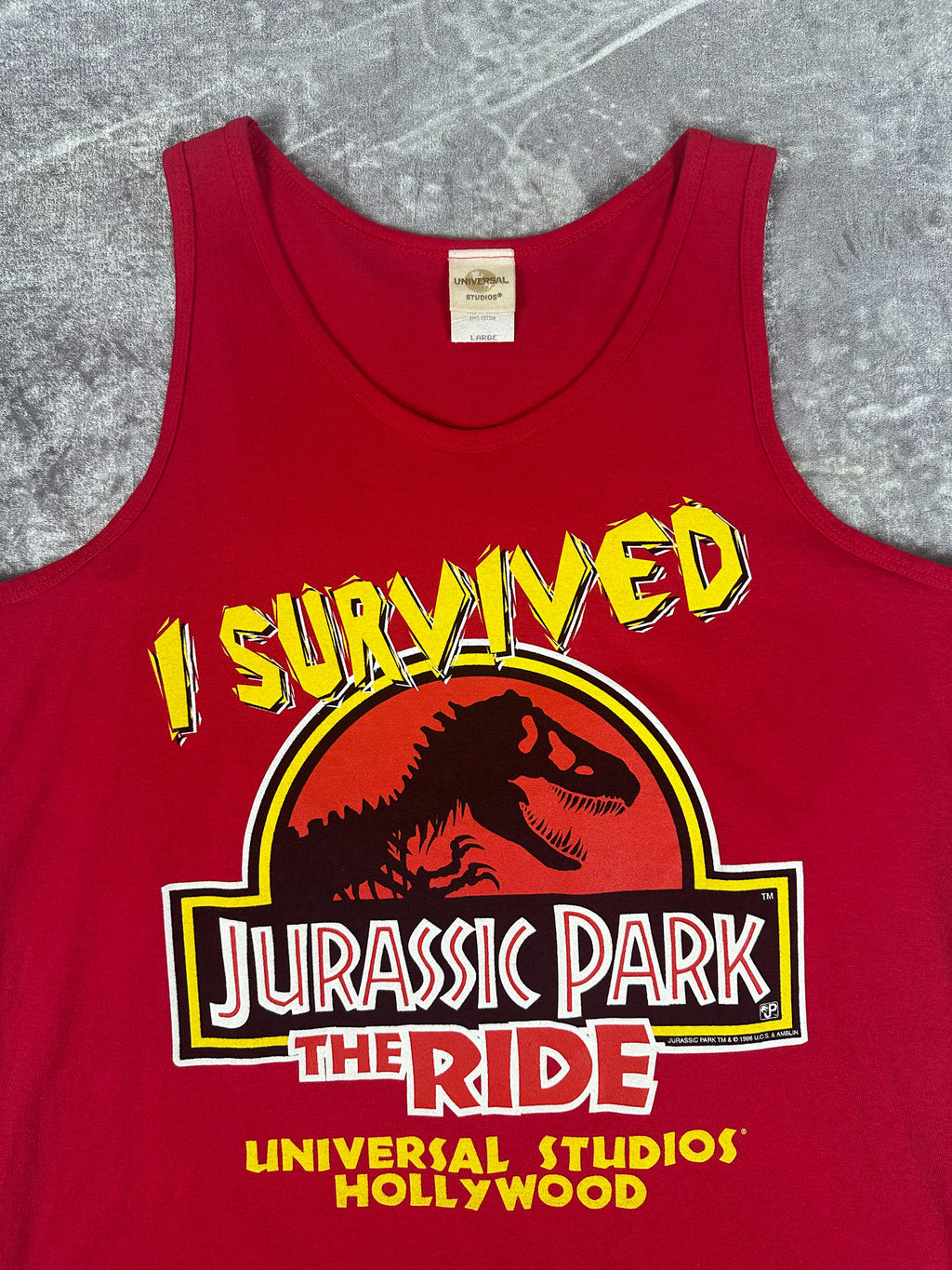 Vintage 1996 Universal Studios 'I Survived JURASSIC PARK' The Ride Singlet (L)