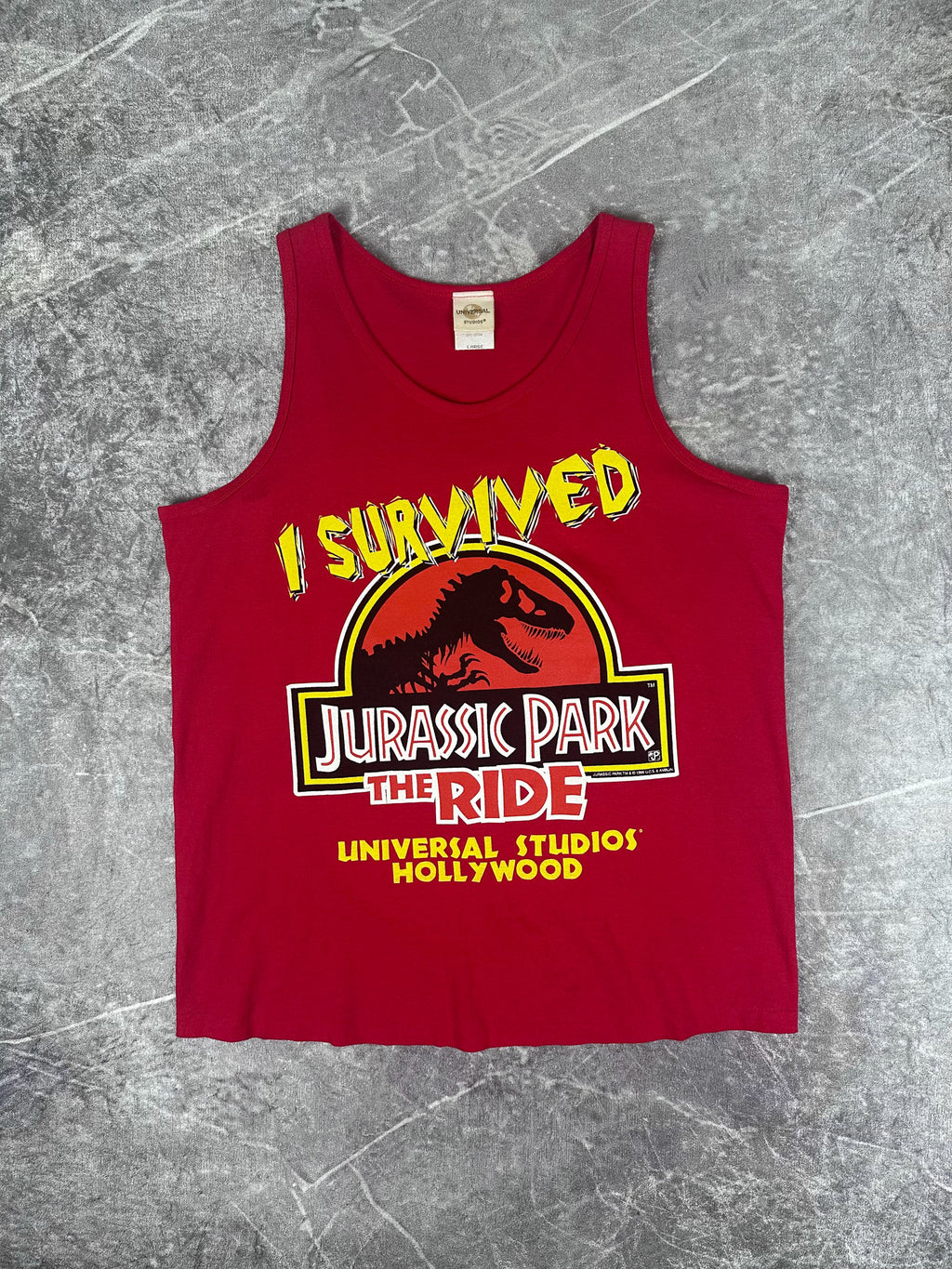Vintage 1996 Universal Studios 'I Survived JURASSIC PARK' The Ride Singlet (L)
