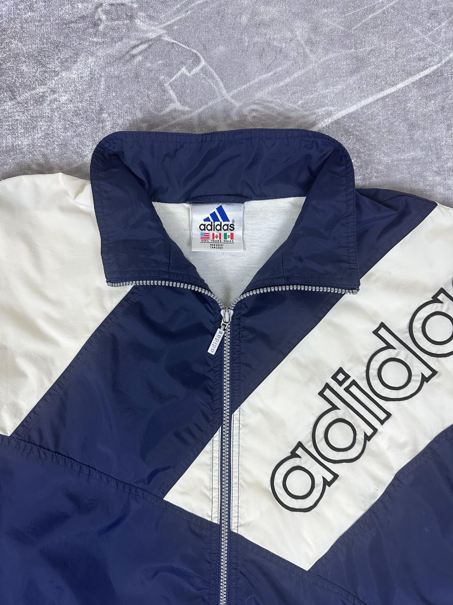 Vintage 90s Adidas Embroidered Spellout 3 Stripe Nylon Windbreaker (L)