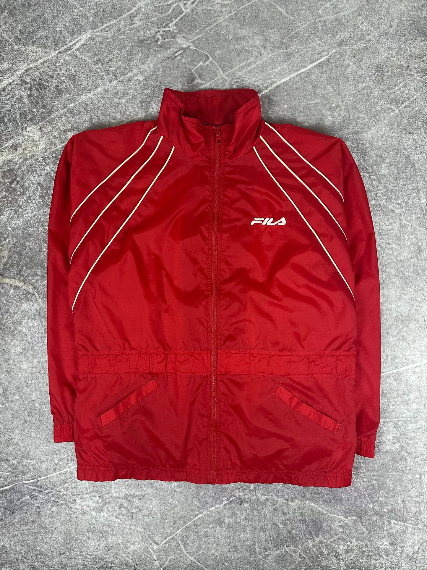 Vintage 90s Fila Embroidered Spellout Piped Windbreaker Jacket (L)