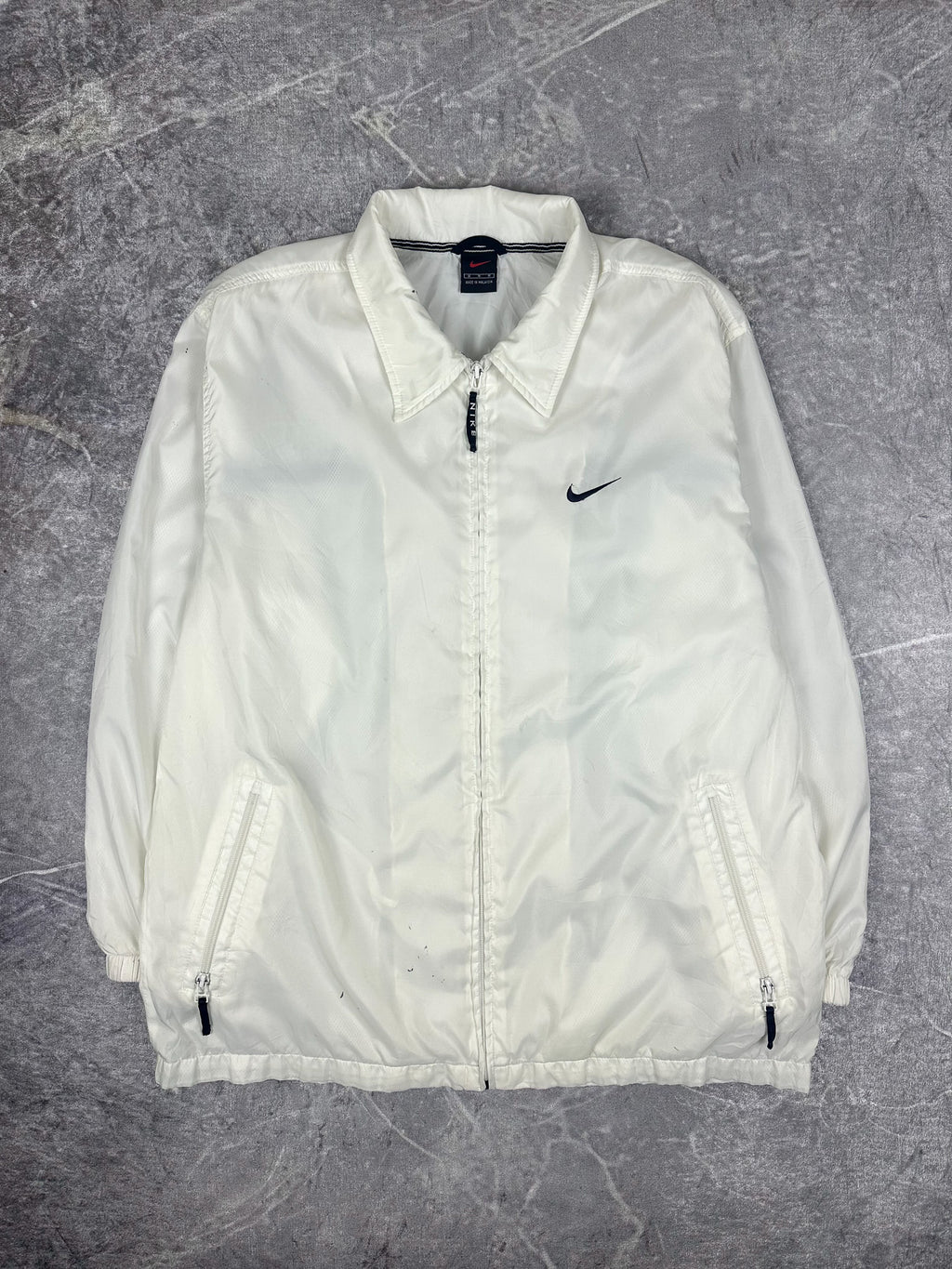 Vintage 90s Nike Small Swoosh Horizontal Stripe Spellout Windbreaker Jacket (L)