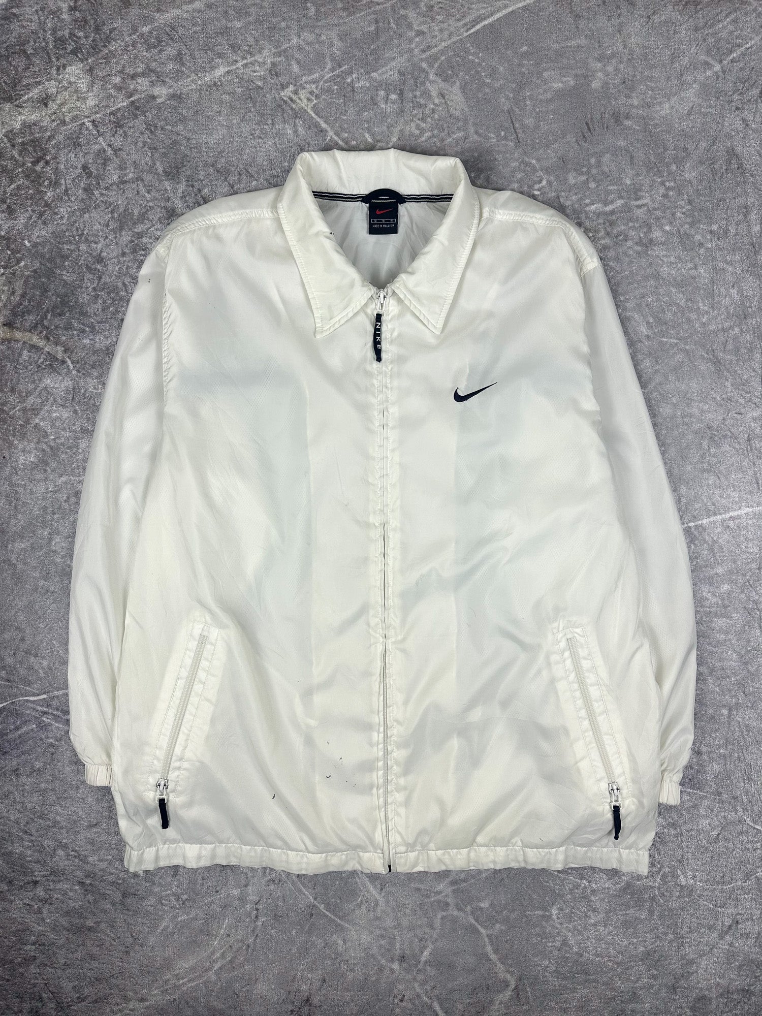 Vintage 90s Nike Small Swoosh Horizontal Stripe Spellout Windbreaker Jacket (L)