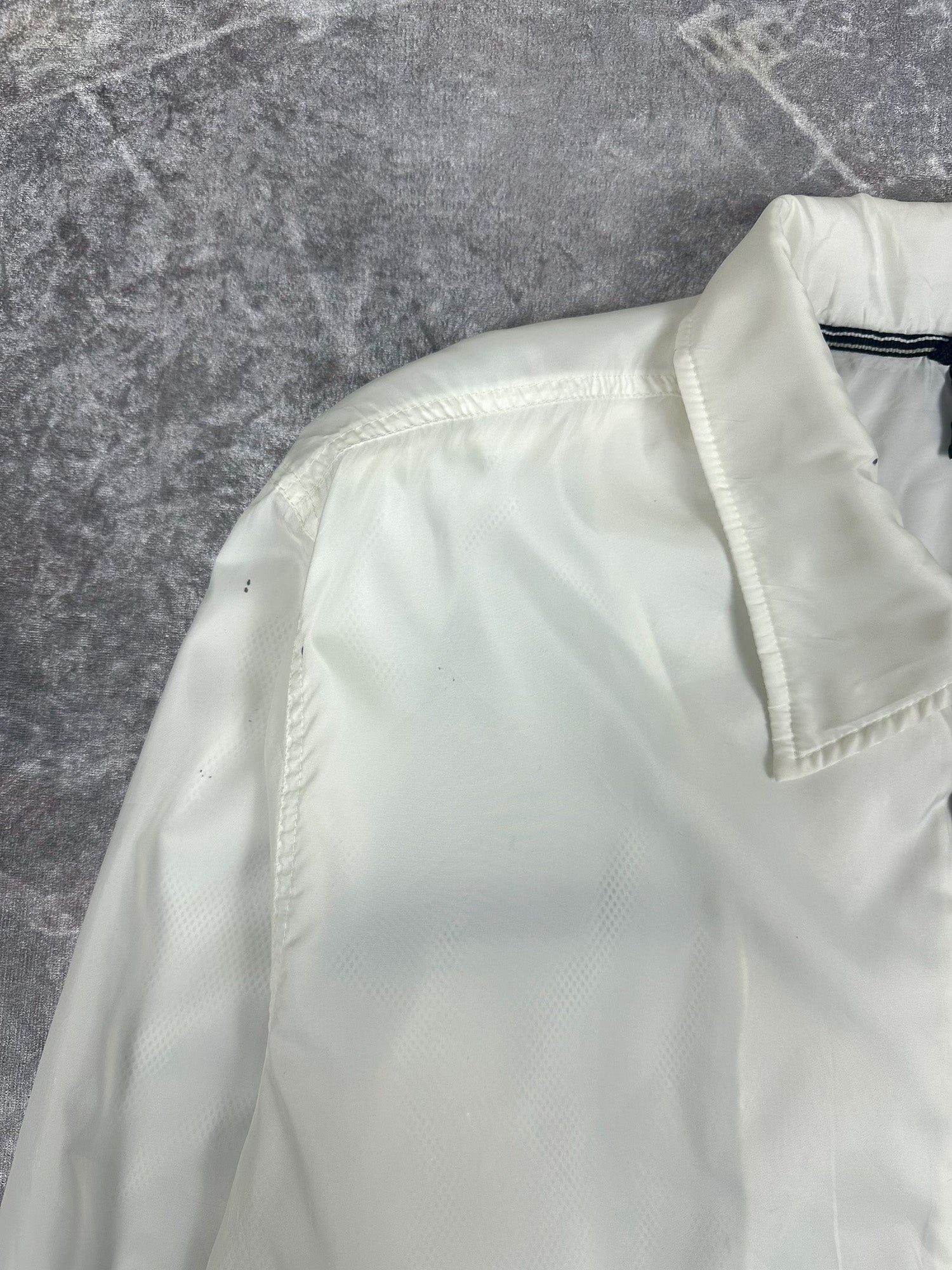 Vintage 90s Nike Small Swoosh Horizontal Stripe Spellout Windbreaker Jacket (L)