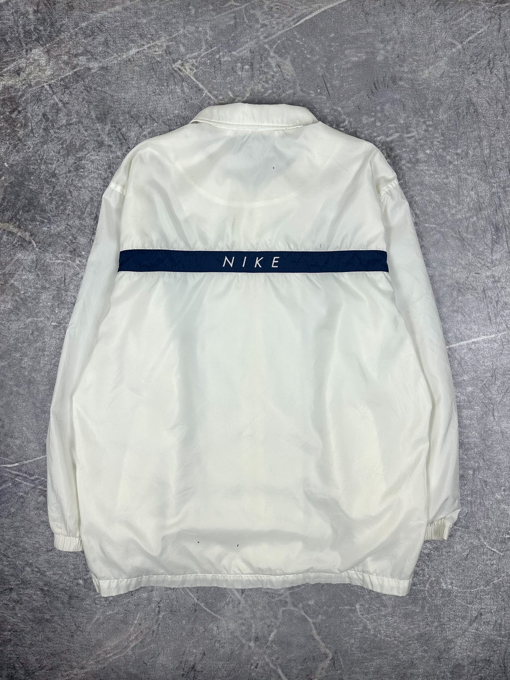 Vintage 90s Nike Small Swoosh Horizontal Stripe Spellout Windbreaker Jacket (L)