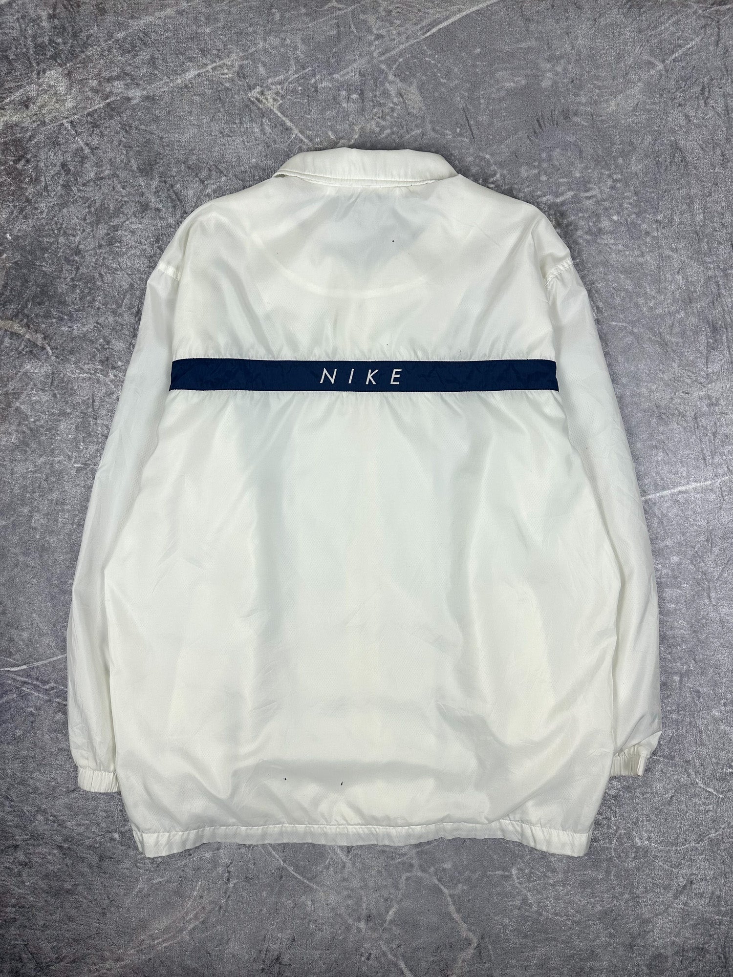 Vintage 90s Nike Small Swoosh Horizontal Stripe Spellout Windbreaker Jacket (L)