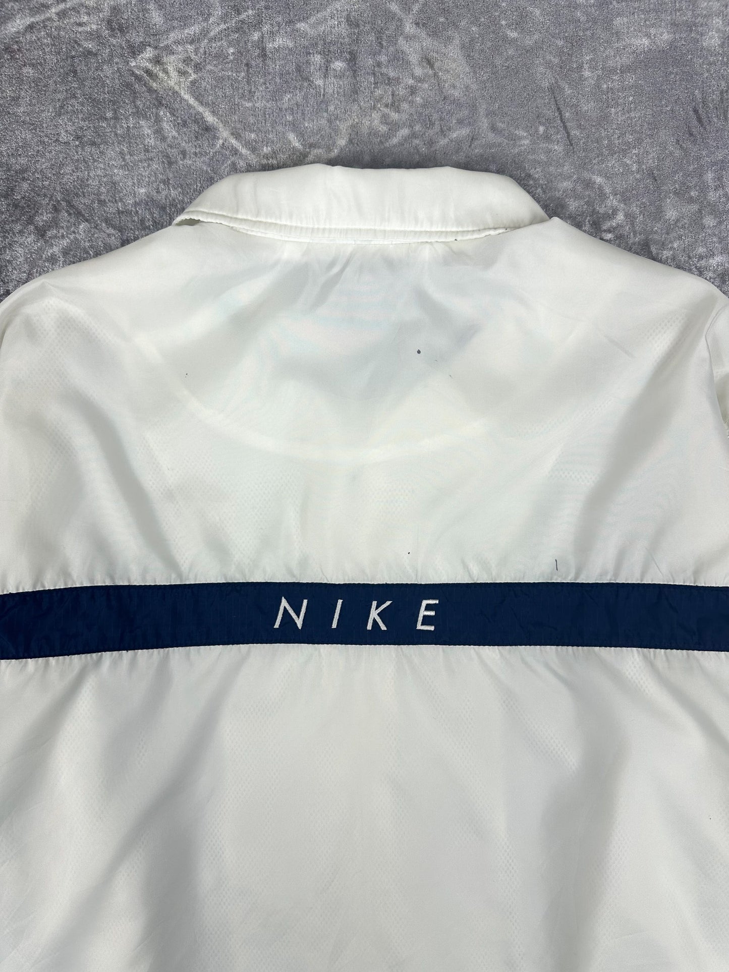 Vintage 90s Nike Small Swoosh Horizontal Stripe Spellout Windbreaker Jacket (L)