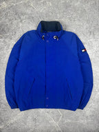 Vintage 90s Tommy Hilfiger Embroidered Collar Spellout Flag Patch Windbreaker Jacket (L)