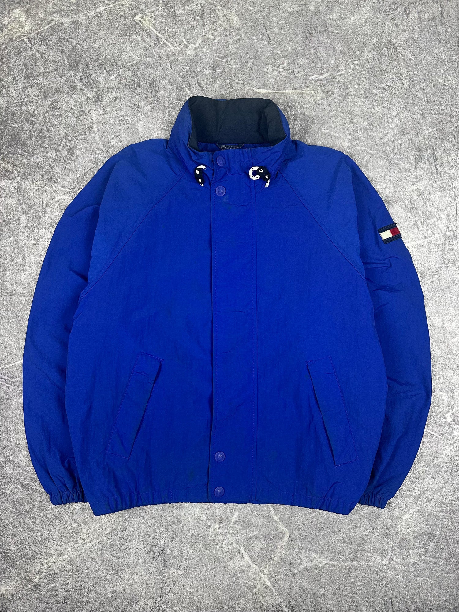 Vintage 90s Tommy Hilfiger Embroidered Collar Spellout Flag Patch Windbreaker Jacket (L)