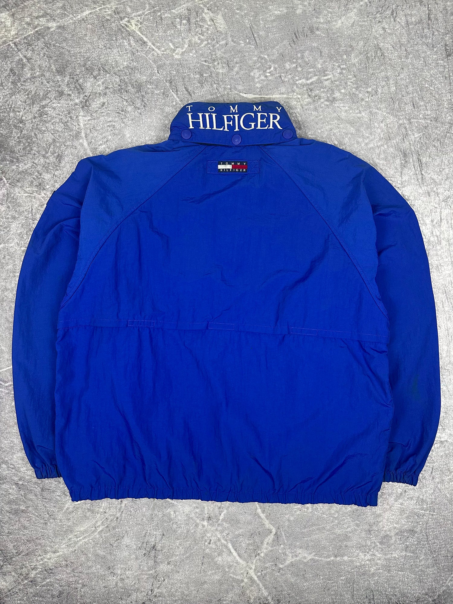 Vintage 90s Tommy Hilfiger Embroidered Collar Spellout Flag Patch Windbreaker Jacket (L)