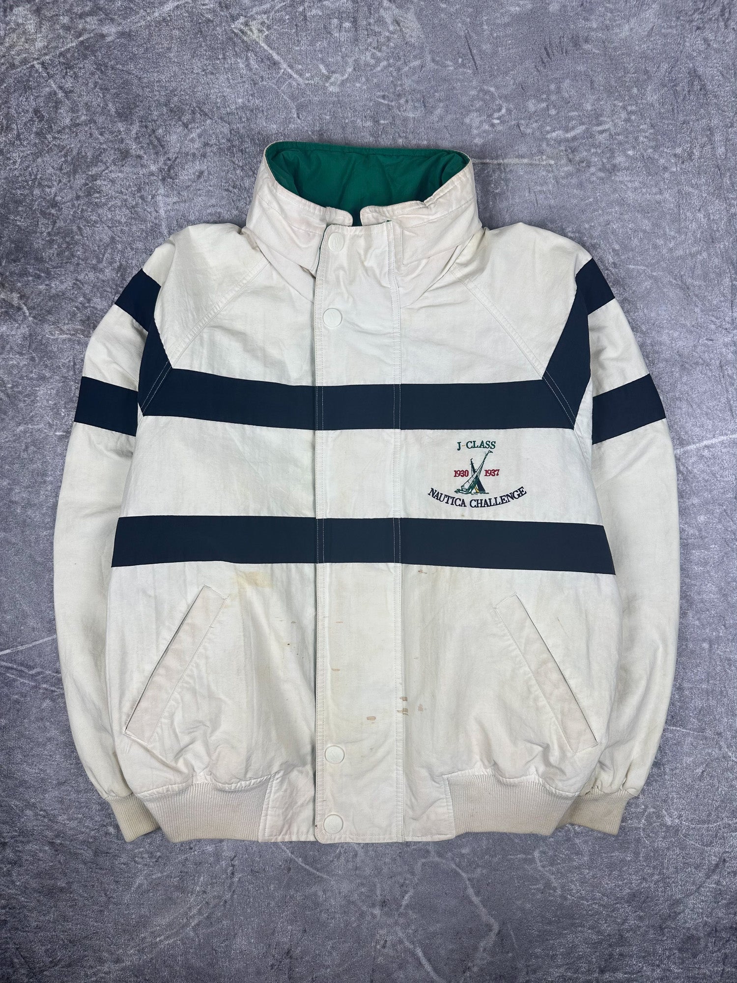 Vintage 90s Nautica Challenge J-Class Wrap Around Striped Sailing Jacket (L)