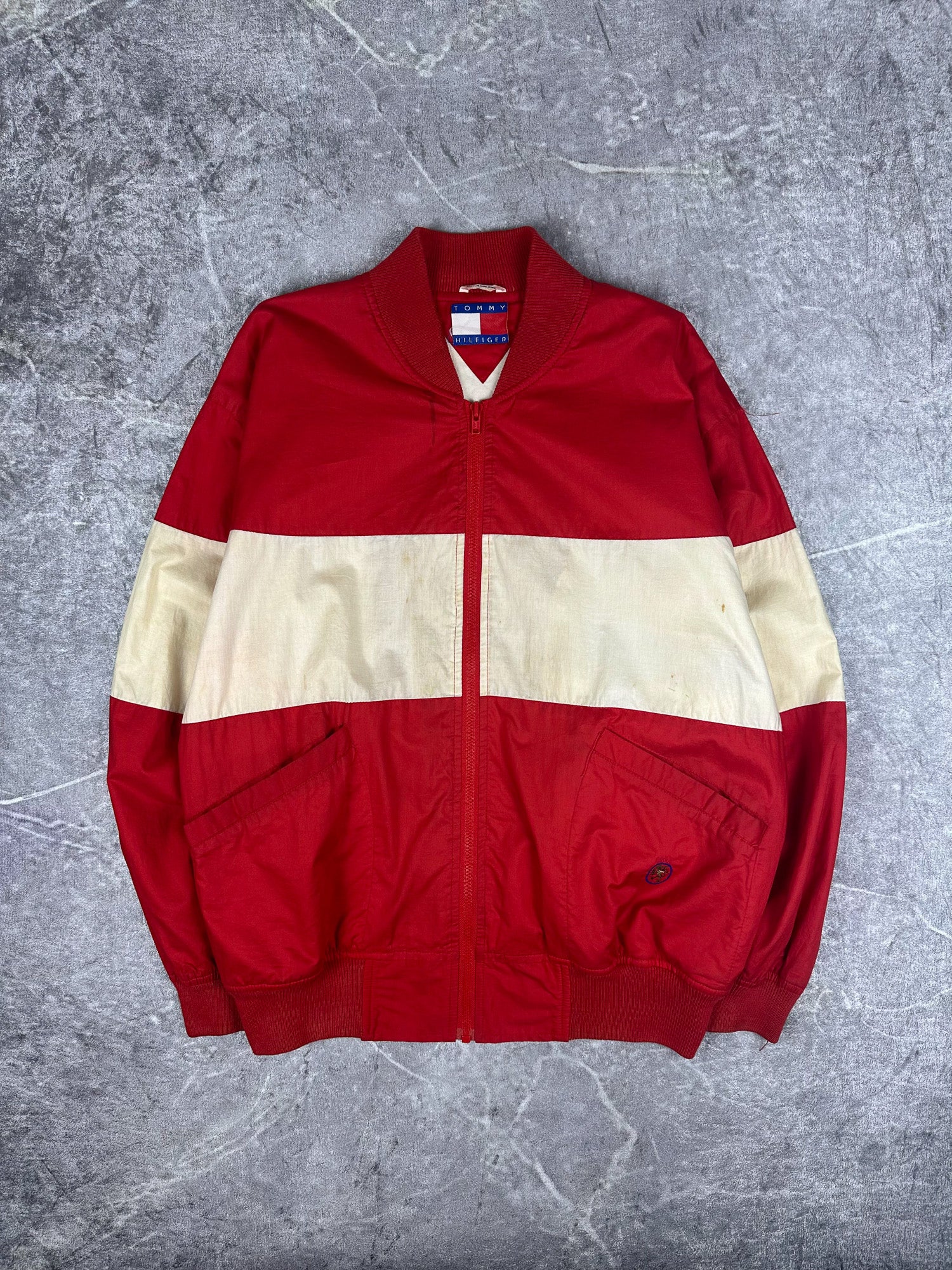 Vintage 90s Tommy Hilfiger Horizontal Stripe Embroidered Crest Bomber Jacket (M)