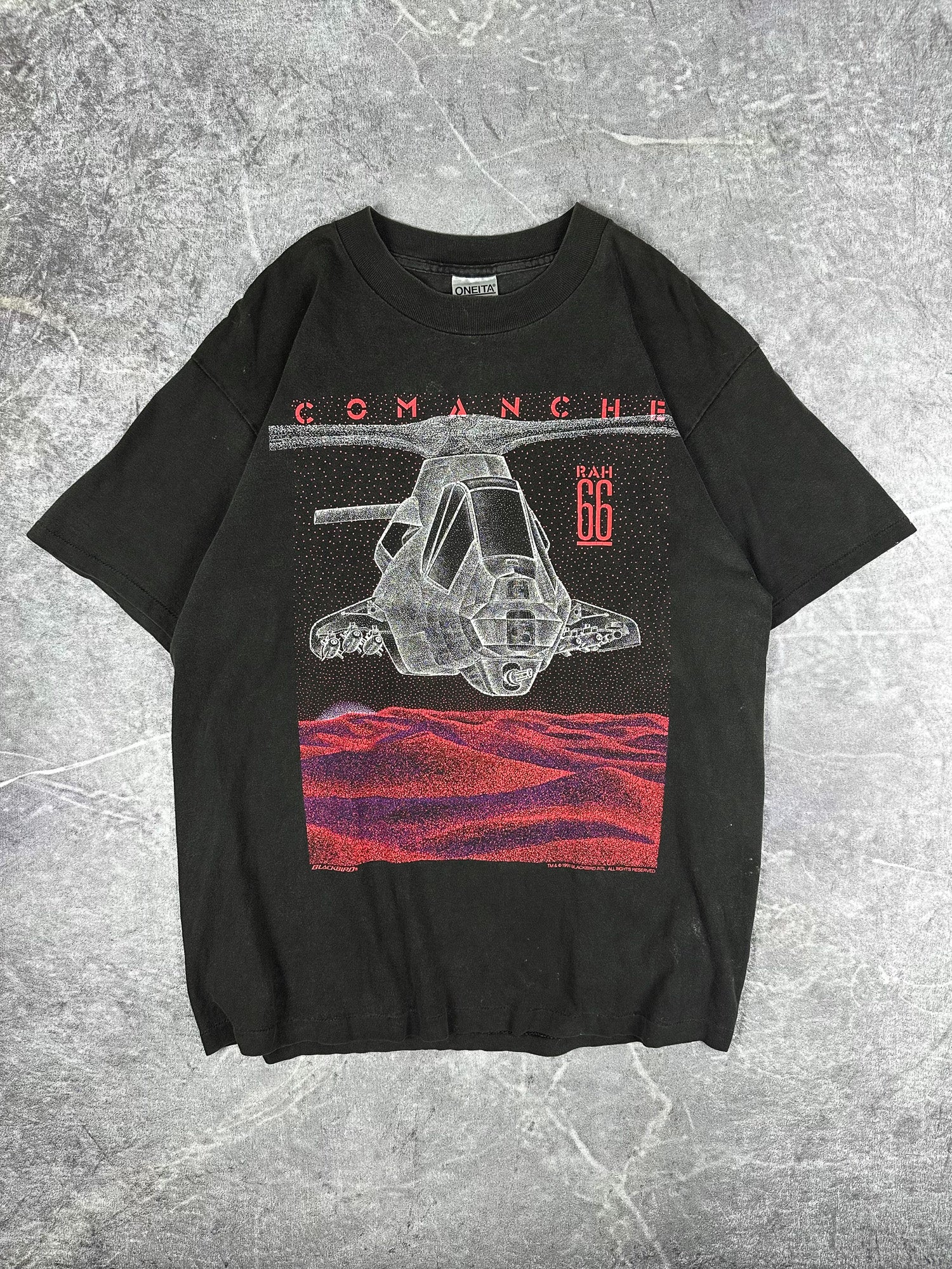 Vintage 1991 Blackbird Comanche RAH-66 Military Helicopter T-Shirt (L)