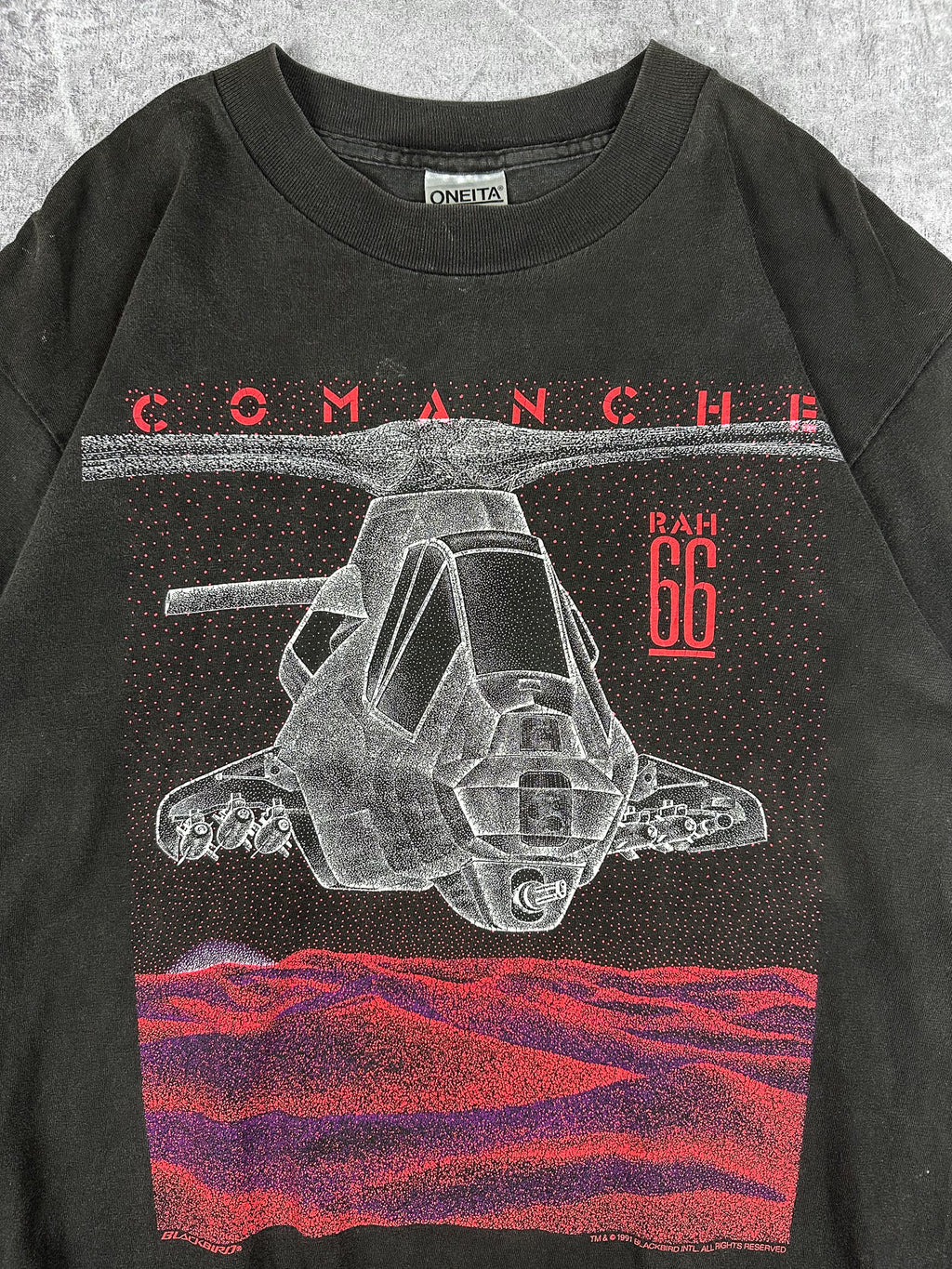 Vintage 1991 Blackbird Comanche RAH-66 Military Helicopter T-Shirt (L)