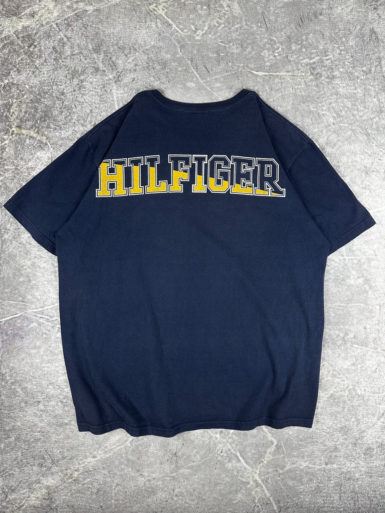Vintage 90s Tommy Hilfiger Varsity College Logo Block Spell Out T-Shirt (2XL)