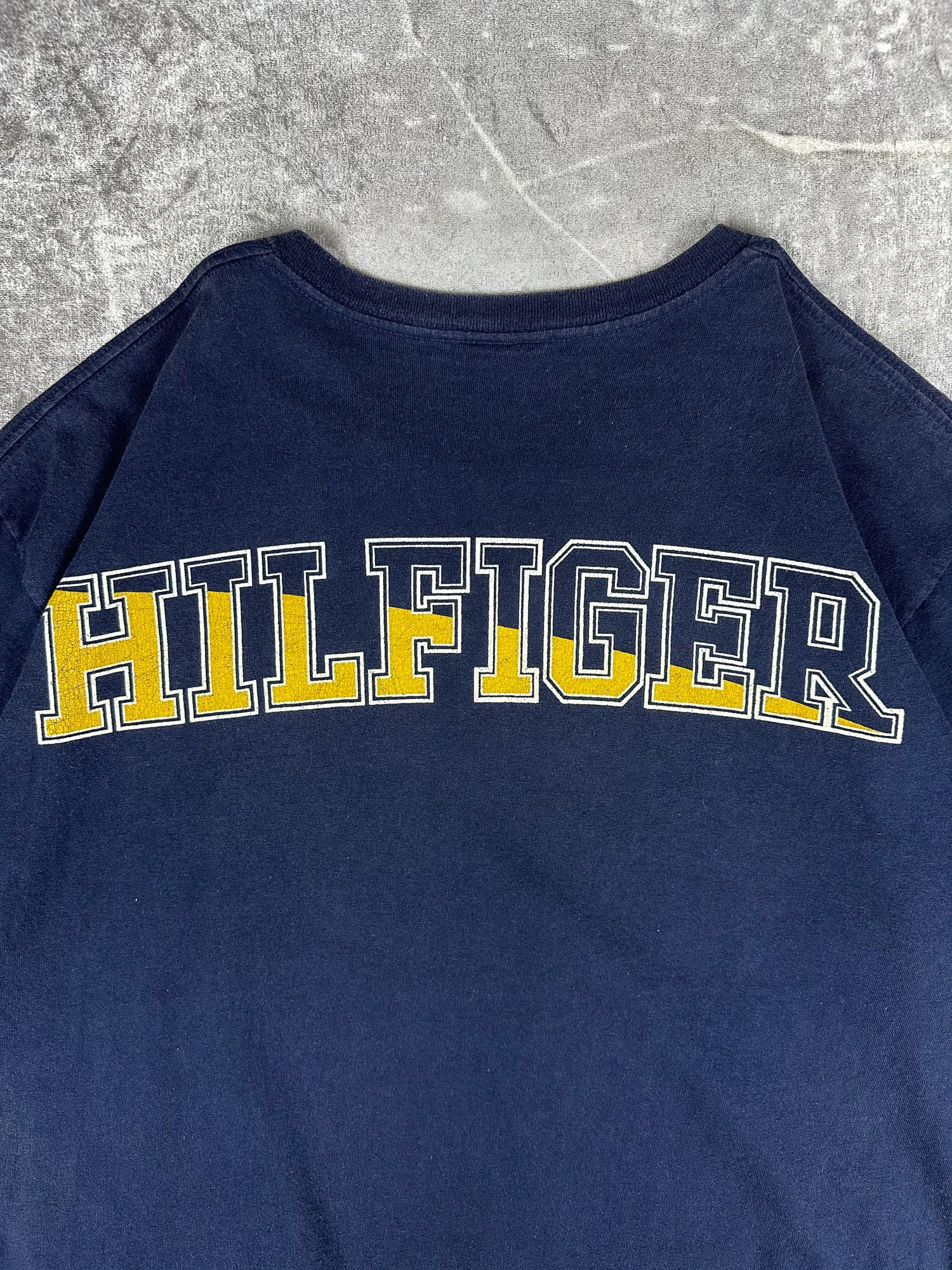 Vintage 90s Tommy Hilfiger Varsity College Logo Block Spell Out T-Shirt (2XL)