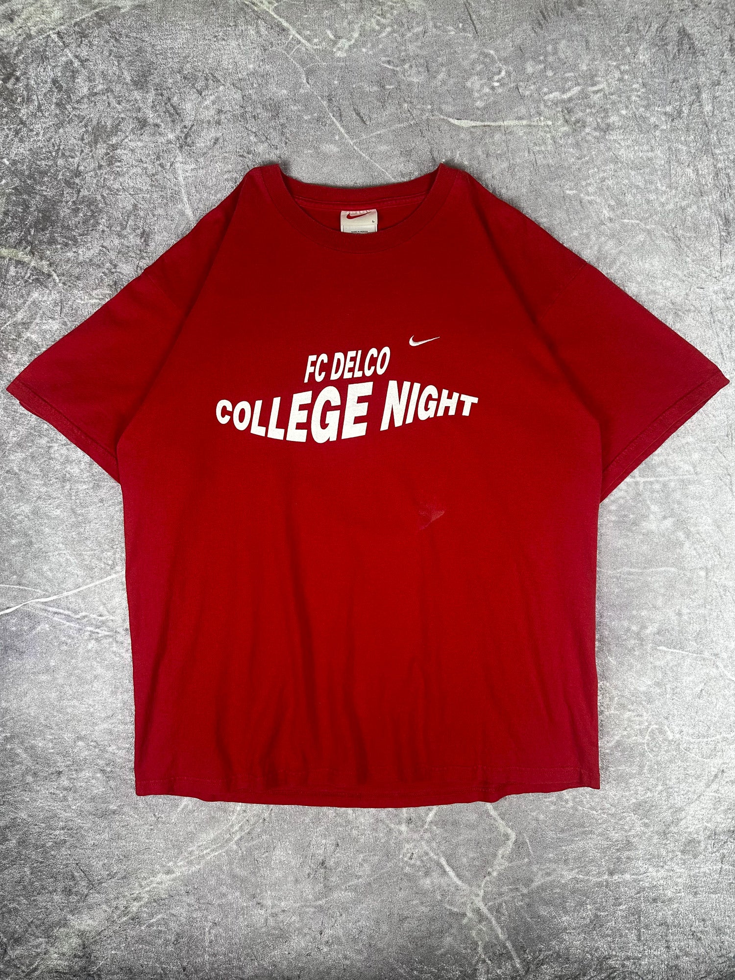 Vintage 90s Nike Mini Swoosh FC Delco College Night Wavy Block T-Shirt (L)