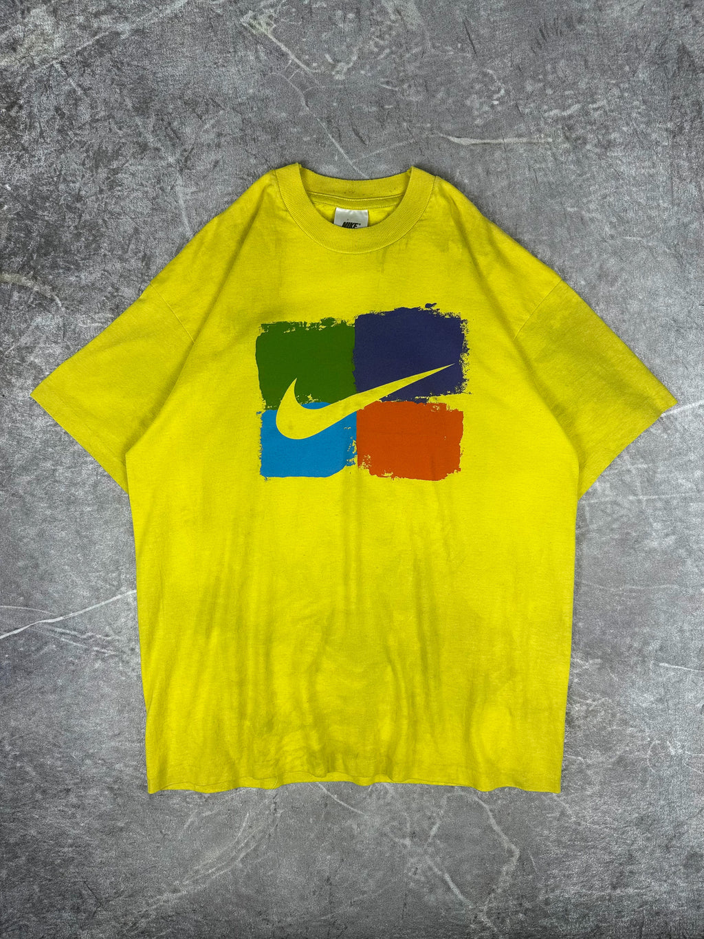 Vintage 90s Nike Swoosh Big Centre Logo Colour Block Graphic T-Shirt (M)