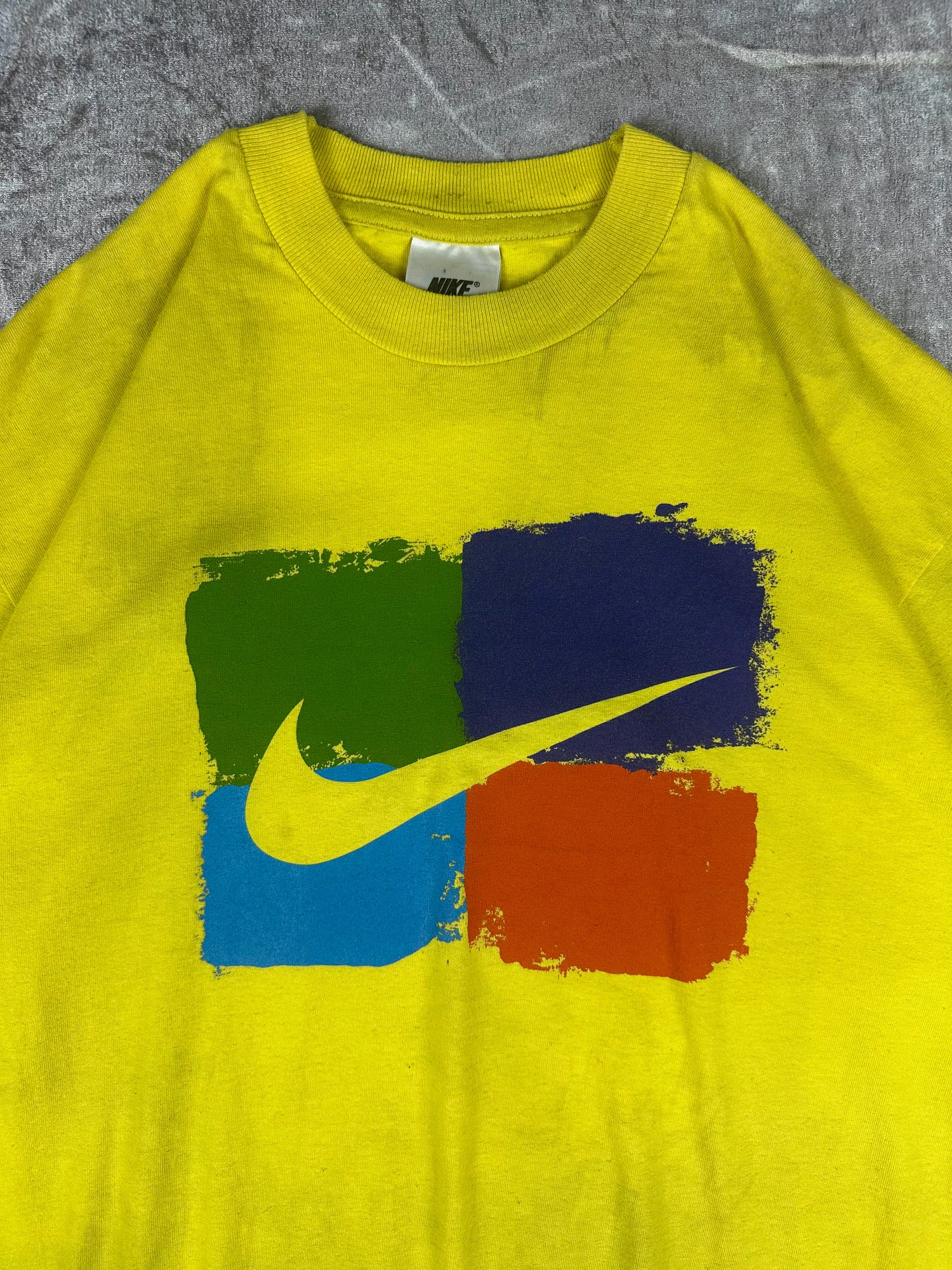 Vintage 90s Nike Swoosh Big Centre Logo Colour Block Graphic T-Shirt (M)