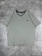 Vintage 90s Tommy Hilfiger Embroidered Flag Logo V-Neck Vertical Texture Knitted T-Shirt (M)