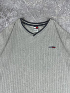 Vintage 90s Tommy Hilfiger Embroidered Flag Logo V-Neck Vertical Texture Knitted T-Shirt (M)