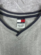 Vintage 90s Tommy Hilfiger Embroidered Flag Logo V-Neck Vertical Texture Knitted T-Shirt (M)