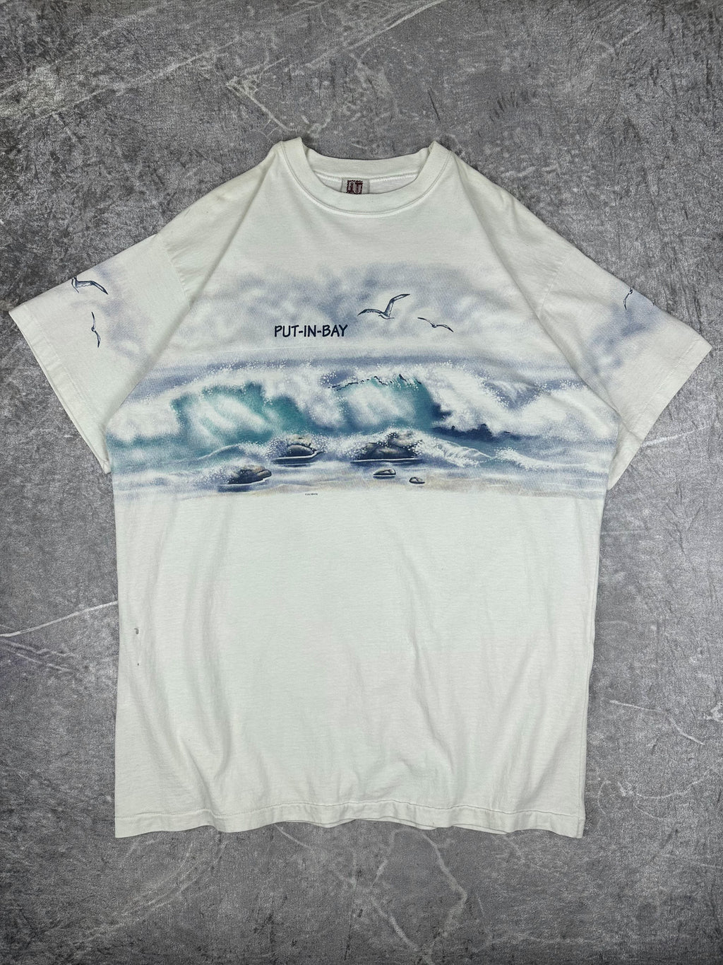 Vintage 90s Art Unlimited Sportswear Put-in-Bay Ohio Wrap Around Print T-Shirt (2XL)