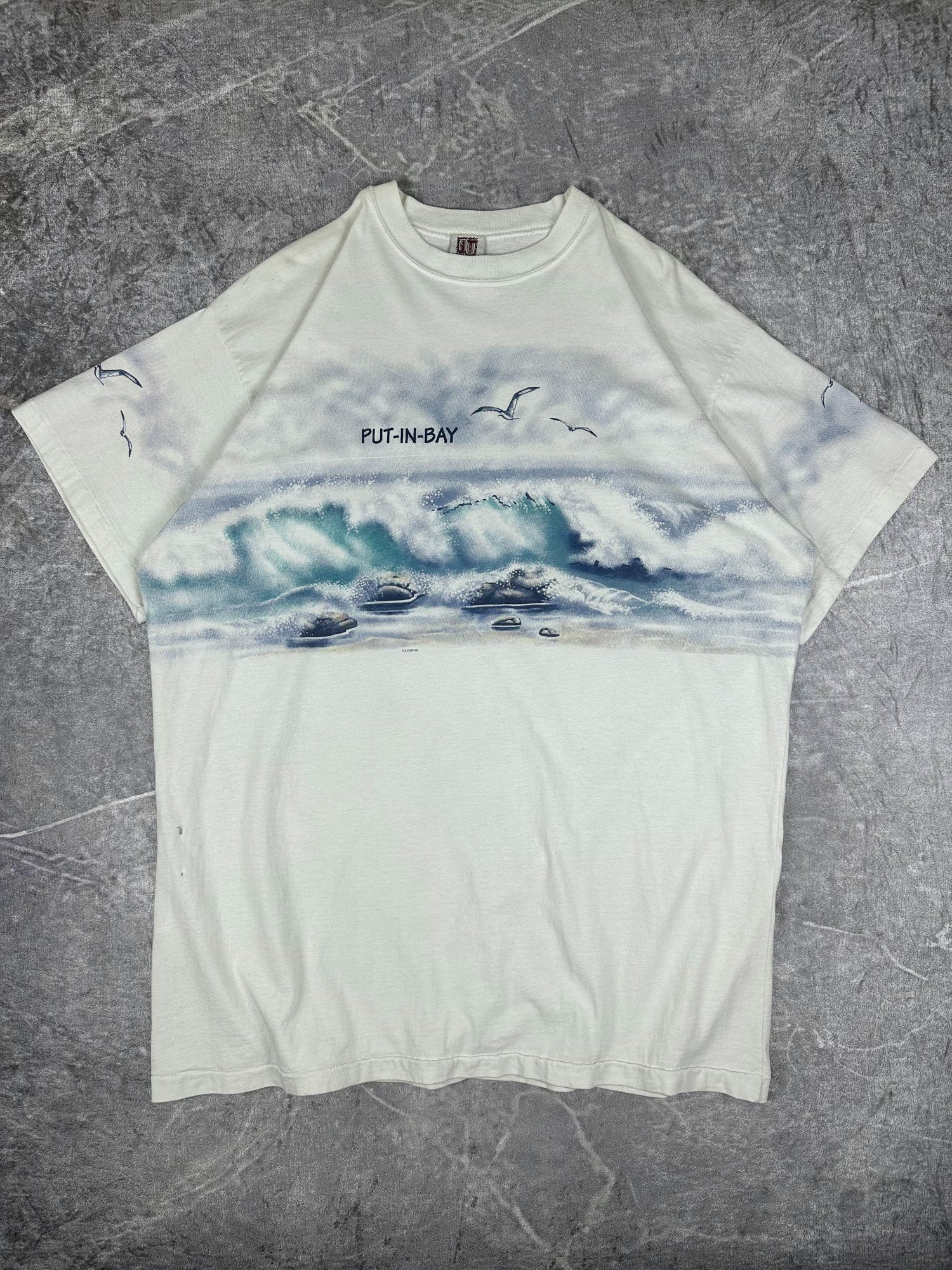 Vintage 90s Art Unlimited Sportswear Put-in-Bay Ohio Wrap Around Print T-Shirt (2XL)