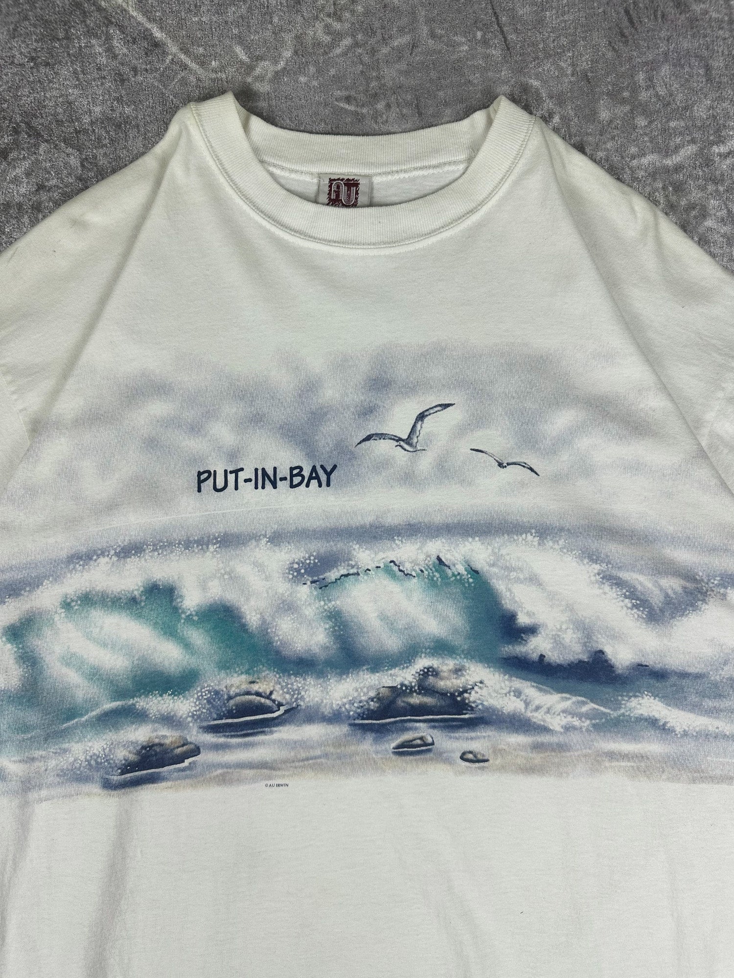 Vintage 90s Art Unlimited Sportswear Put-in-Bay Ohio Wrap Around Print T-Shirt (2XL)