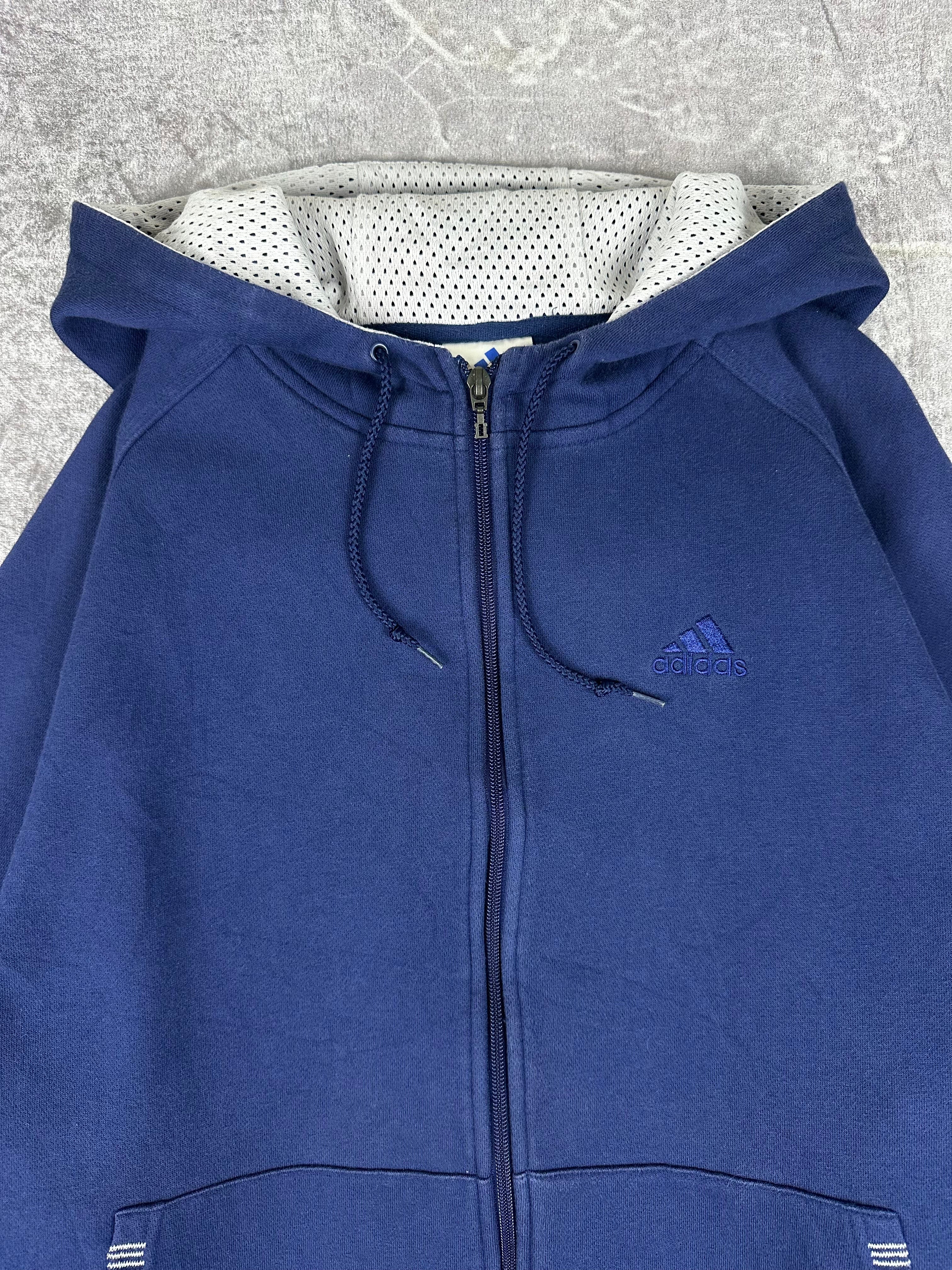 Vintage 90s Adidas Sleeve Spell Out Embroidered Logo Zip Up Heavyweight Hooded Sweatshirt (L)