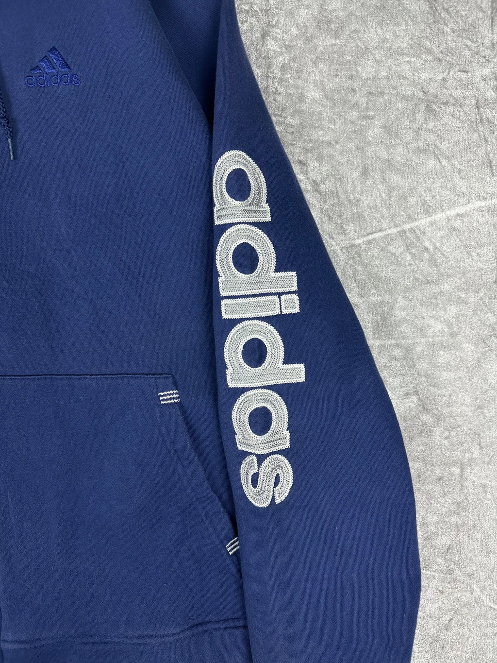 Vintage 90s Adidas Sleeve Spell Out Embroidered Logo Zip Up Heavyweight Hooded Sweatshirt (L)