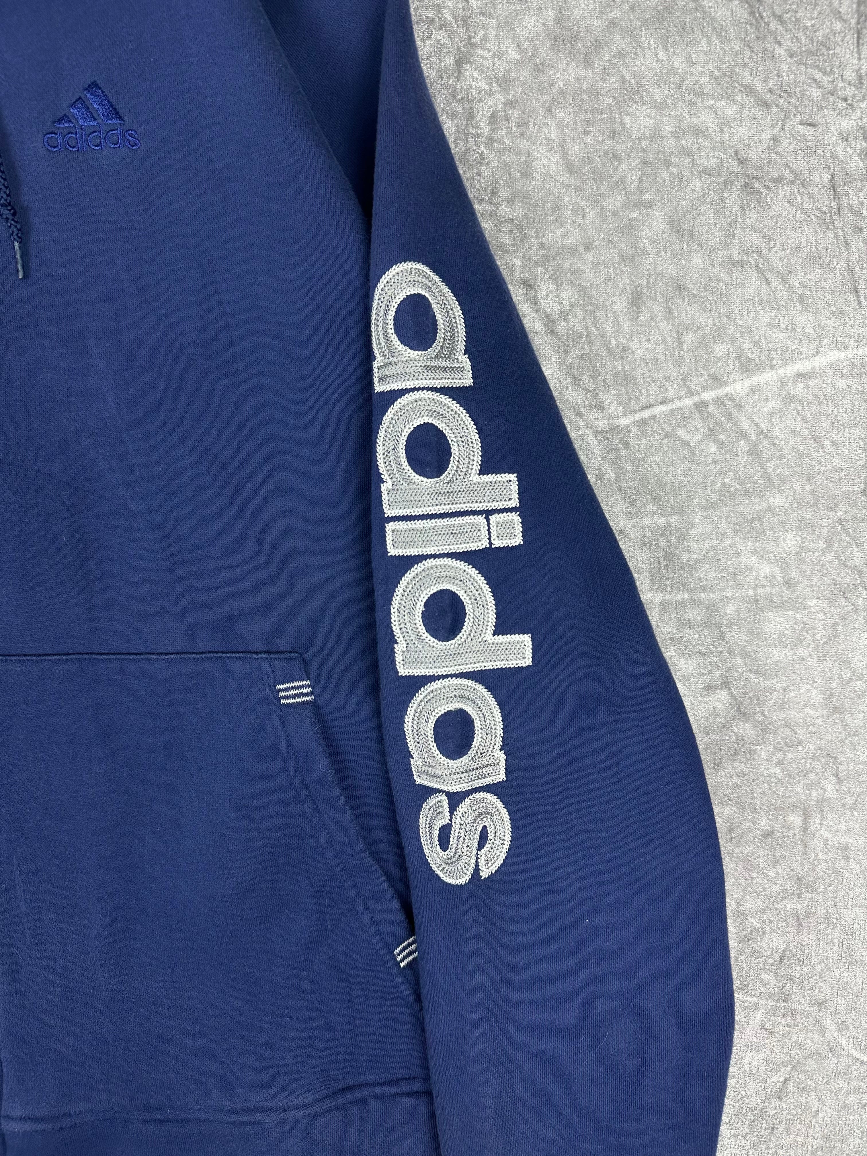 Vintage 90s Adidas Sleeve Spell Out Embroidered Logo Zip Up Heavyweight Hooded Sweatshirt (L)