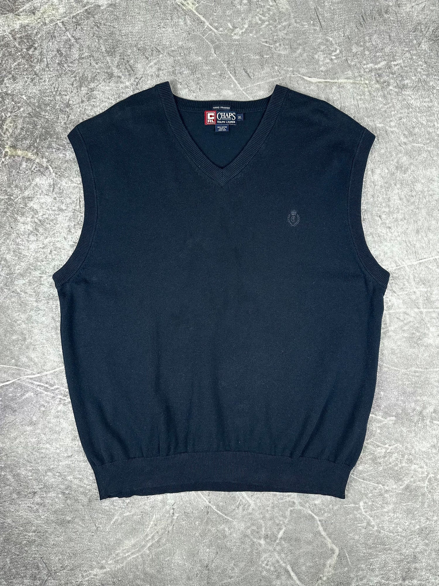 Vintage 90s Chaps Ralph Lauren Embroidered Crest Hand Framed V-Neck Knit Sweater Vest (XL)
