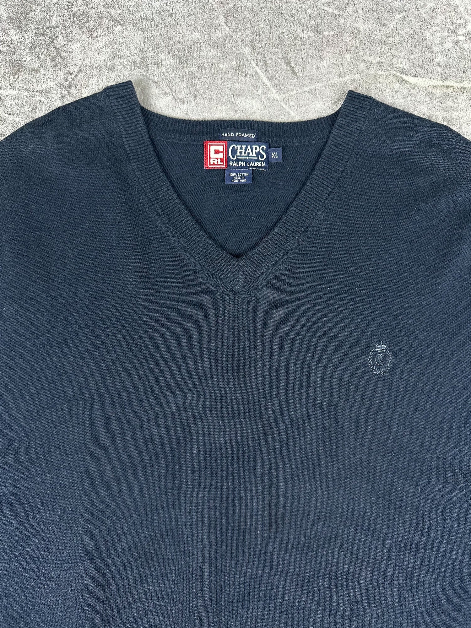 Vintage 90s Chaps Ralph Lauren Embroidered Crest Hand Framed V-Neck Knit Sweater Vest (XL)