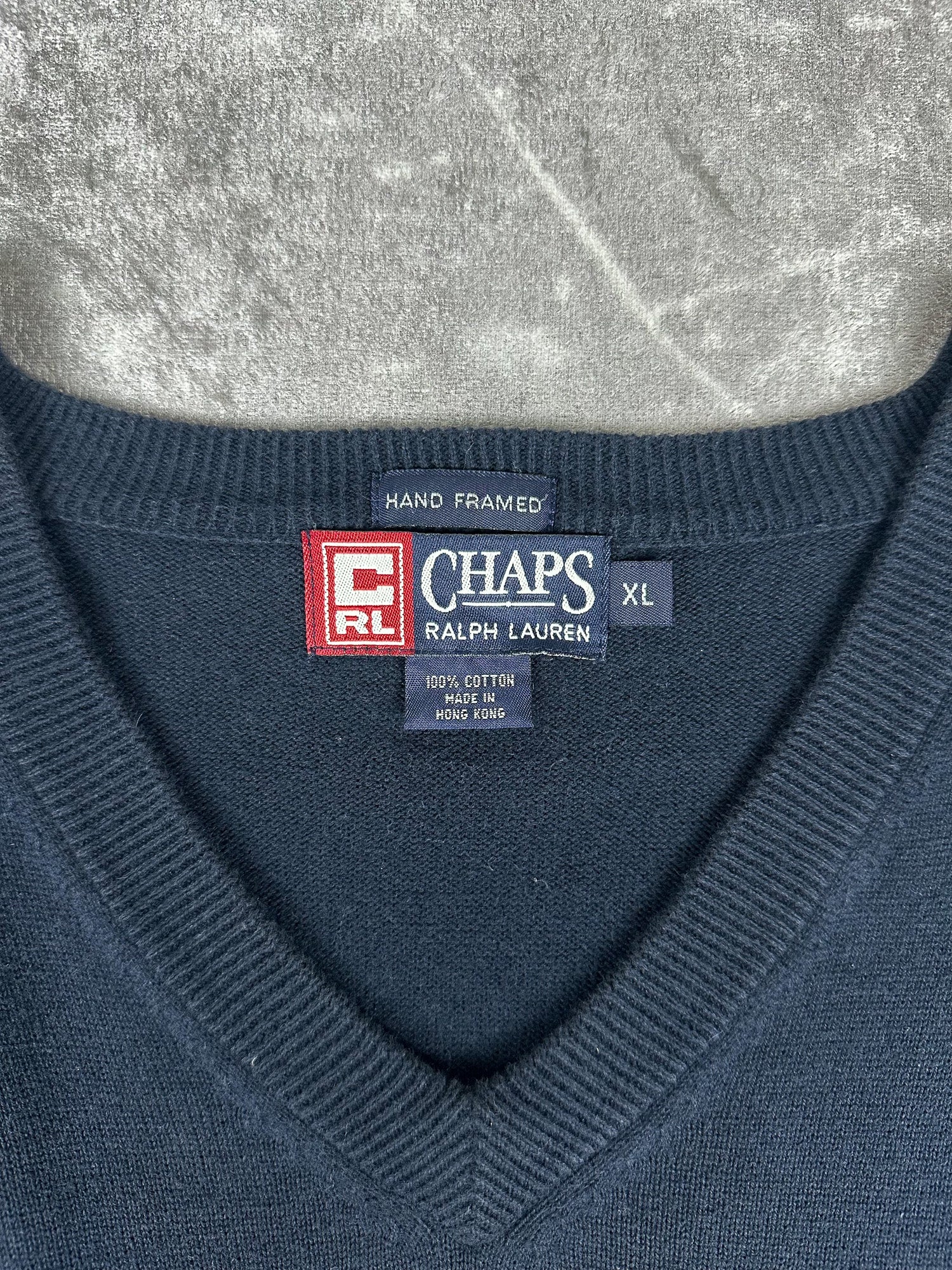 Vintage 90s Chaps Ralph Lauren Embroidered Crest Hand Framed V-Neck Knit Sweater Vest (XL)