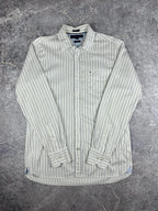 Preloved 2010s 2011 Tommy Hilfiger Small Flag Vertical Pin Stripe Long Sleeve Button Up Shirt (M)