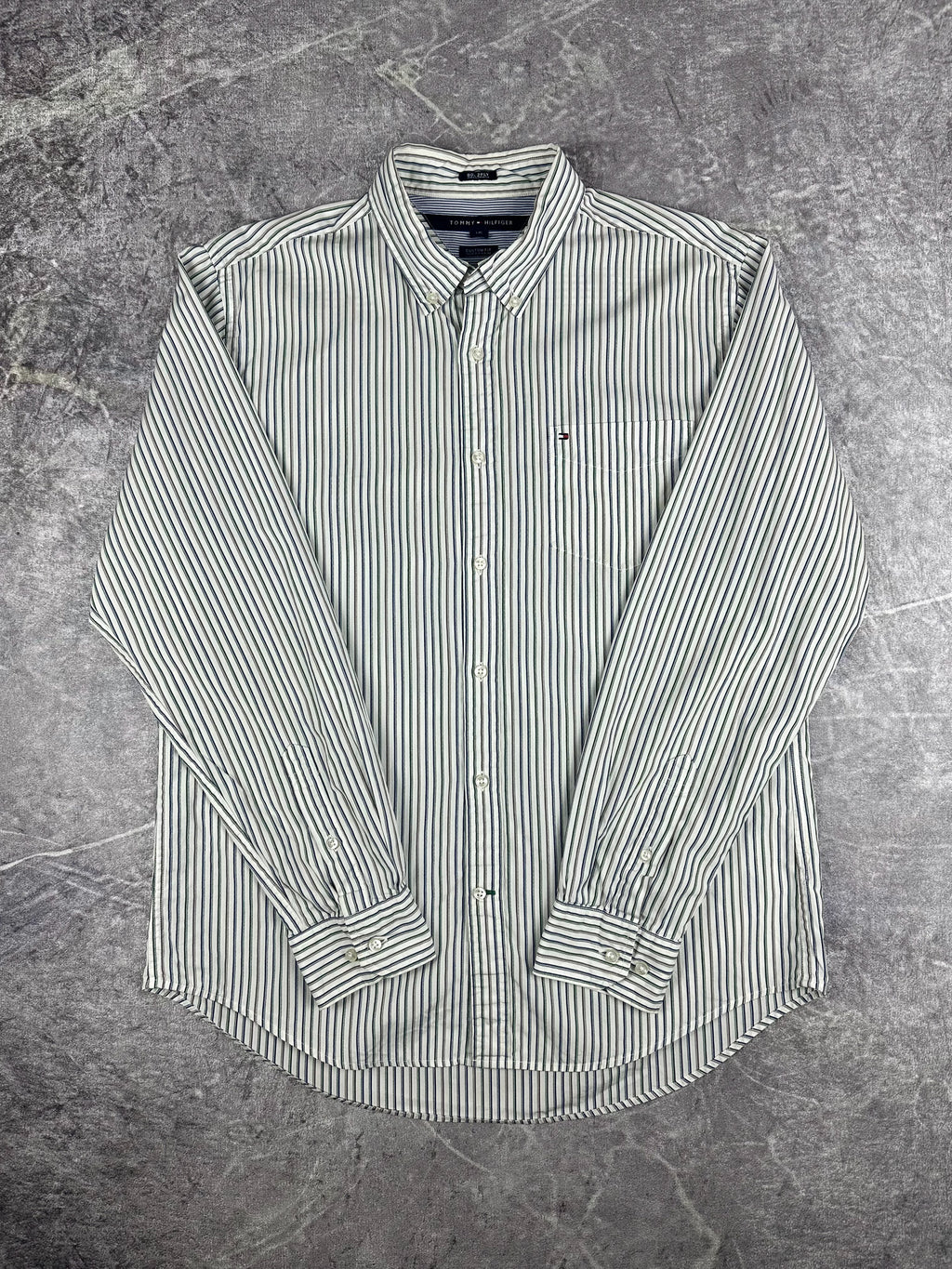 Preloved 2010s Tommy Hilfiger Small Flag Vertical Stripe Long Sleeve Button Up Shirt (L)