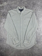 Preloved 2010s Tommy Hilfiger Small Flag Vertical Stripe Long Sleeve Button Up Shirt (L)