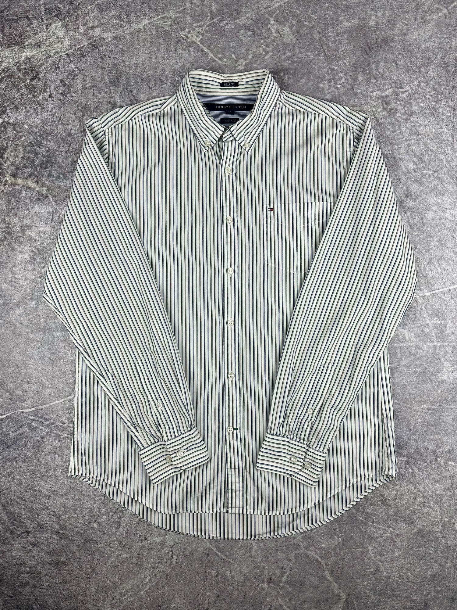 Preloved 2010s Tommy Hilfiger Small Flag Vertical Stripe Long Sleeve Button Up Shirt (L)