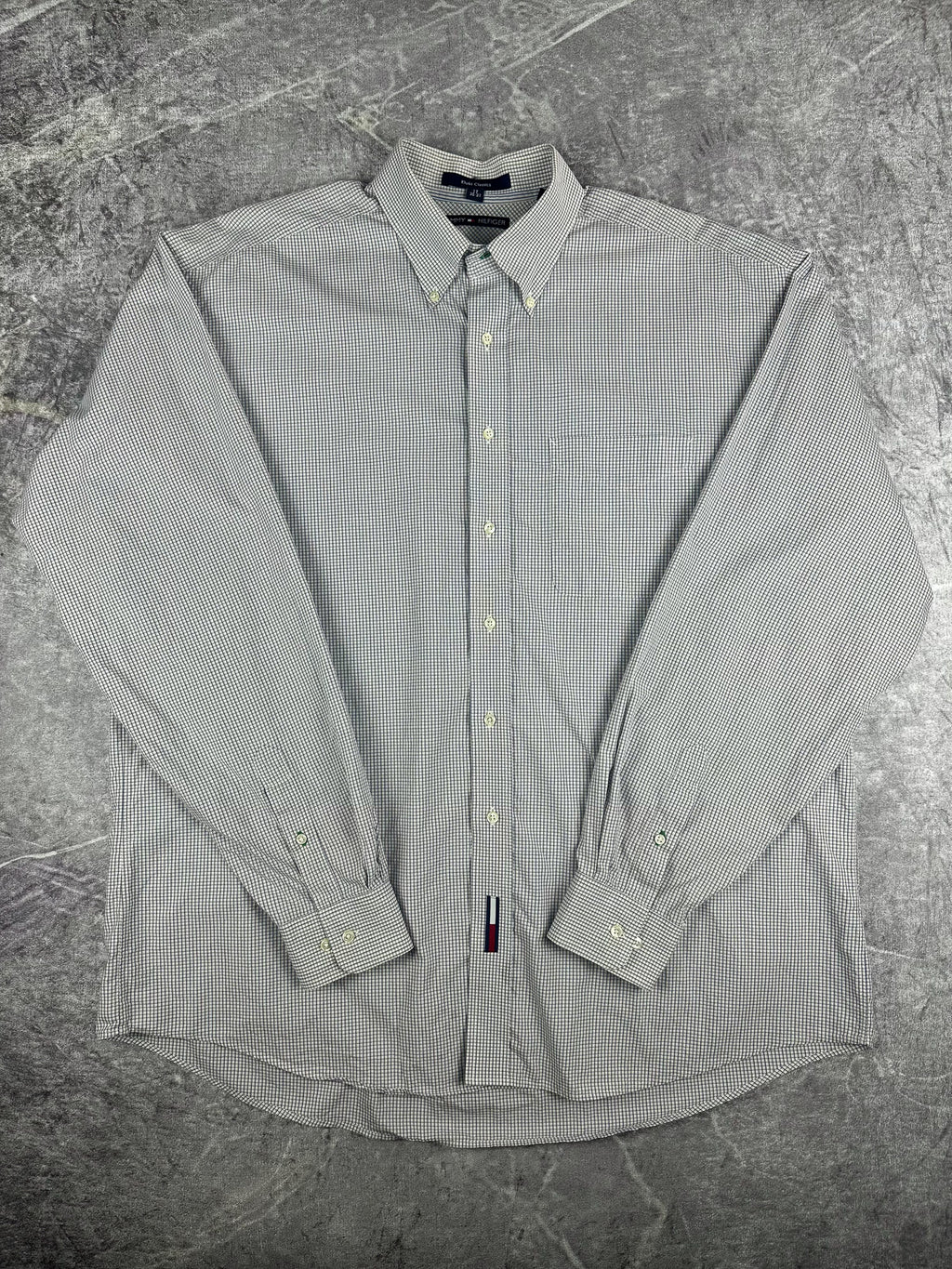 Vintage 00s 2003 Tommy Hilfiger Embroidered Flag Check Pinstripe Long Sleeve Button Up Shirt (XL)