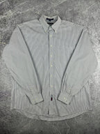 Vintage 00s 2003 Tommy Hilfiger Embroidered Flag Check Pinstripe Long Sleeve Button Up Shirt (XL)