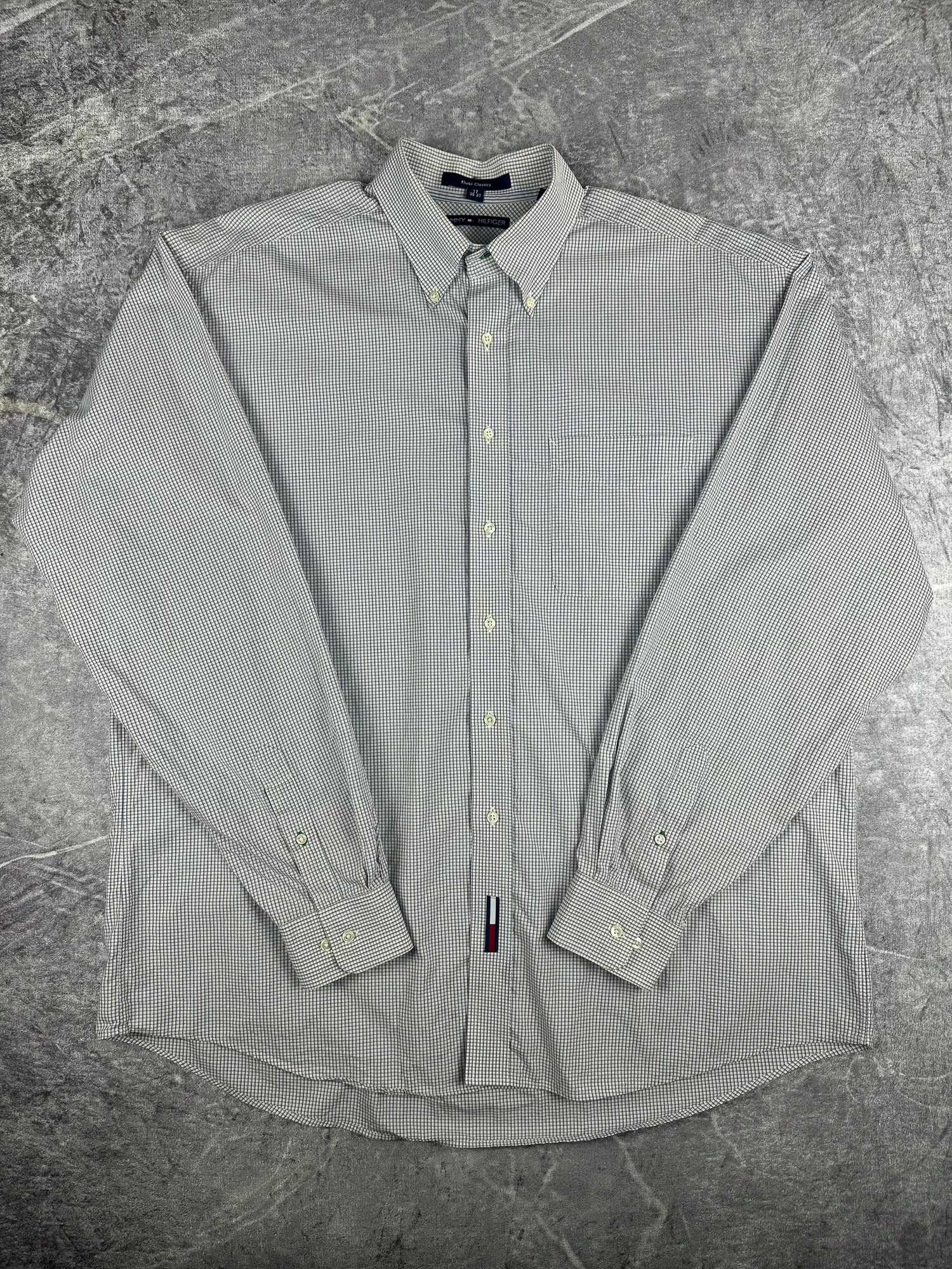 Vintage 00s 2003 Tommy Hilfiger Embroidered Flag Check Pinstripe Long Sleeve Button Up Shirt (XL)