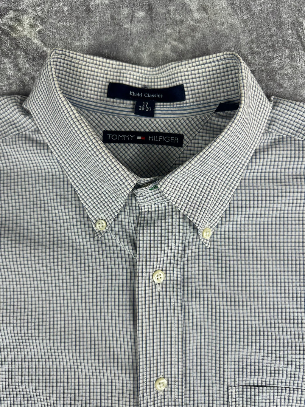 Vintage 00s 2003 Tommy Hilfiger Embroidered Flag Check Pinstripe Long Sleeve Button Up Shirt (XL)