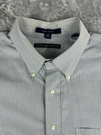 Vintage 00s 2003 Tommy Hilfiger Embroidered Flag Check Pinstripe Long Sleeve Button Up Shirt (XL)