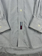 Vintage 00s 2003 Tommy Hilfiger Embroidered Flag Check Pinstripe Long Sleeve Button Up Shirt (XL)