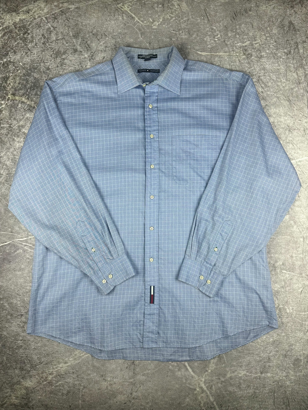Vintage 00s 2001 Tommy Hilfiger Embroidered Flag Check Pinstripe Long Sleeve Button Up Shirt (XL)