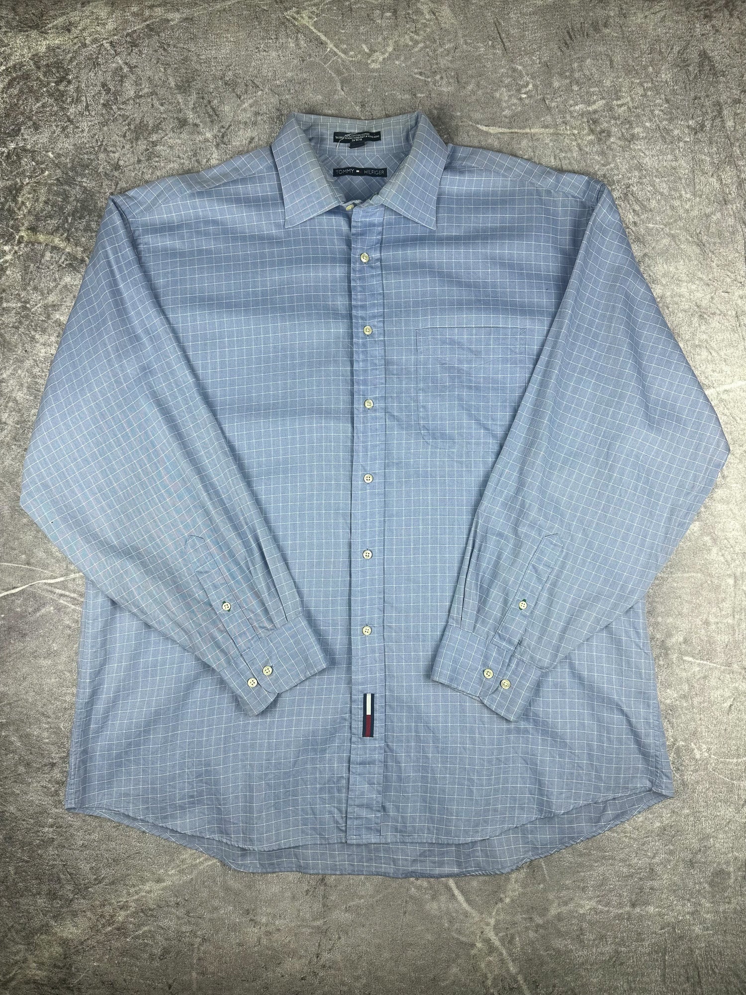 Vintage 00s 2001 Tommy Hilfiger Embroidered Flag Check Pinstripe Long Sleeve Button Up Shirt (XL)