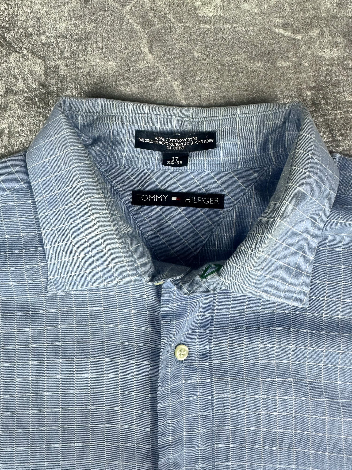 Vintage 00s 2001 Tommy Hilfiger Embroidered Flag Check Pinstripe Long Sleeve Button Up Shirt (XL)