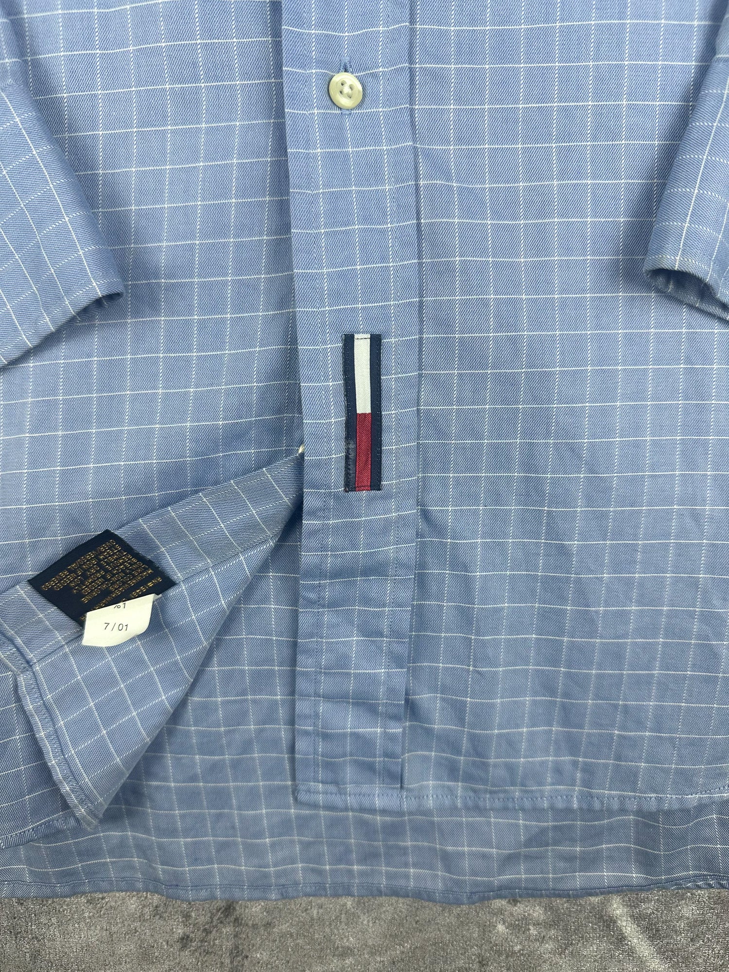 Vintage 00s 2001 Tommy Hilfiger Embroidered Flag Check Pinstripe Long Sleeve Button Up Shirt (XL)